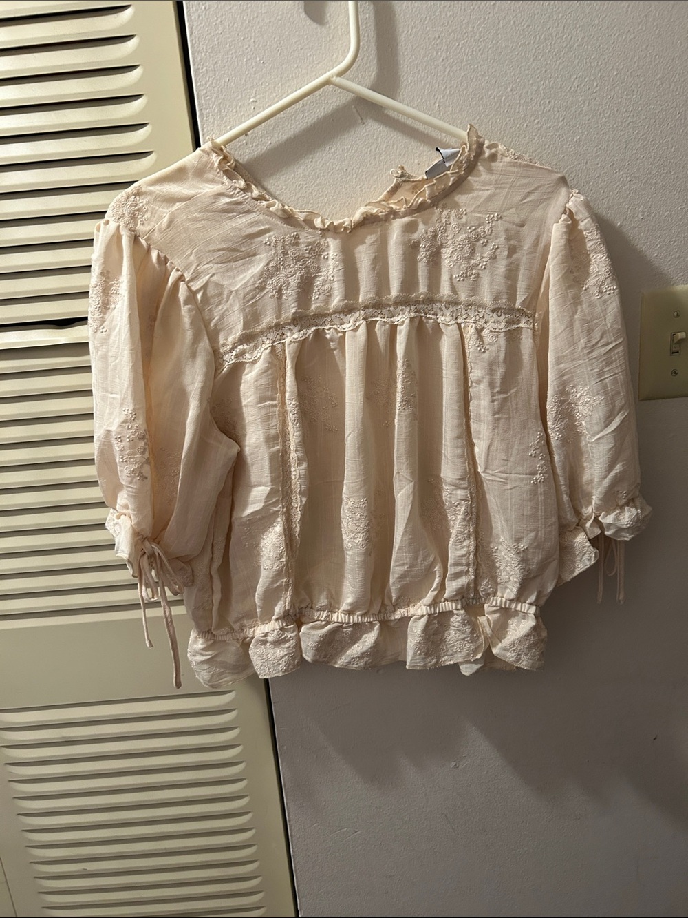 Women's Cream Peasant Blouse with Ruffle Trim